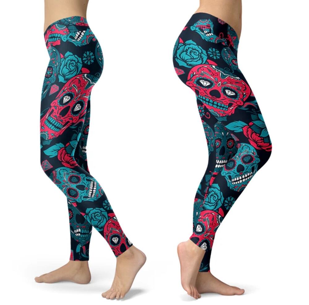 Sugar Skull Red & Turquoise Printed Leggings Yoga Pants Medium